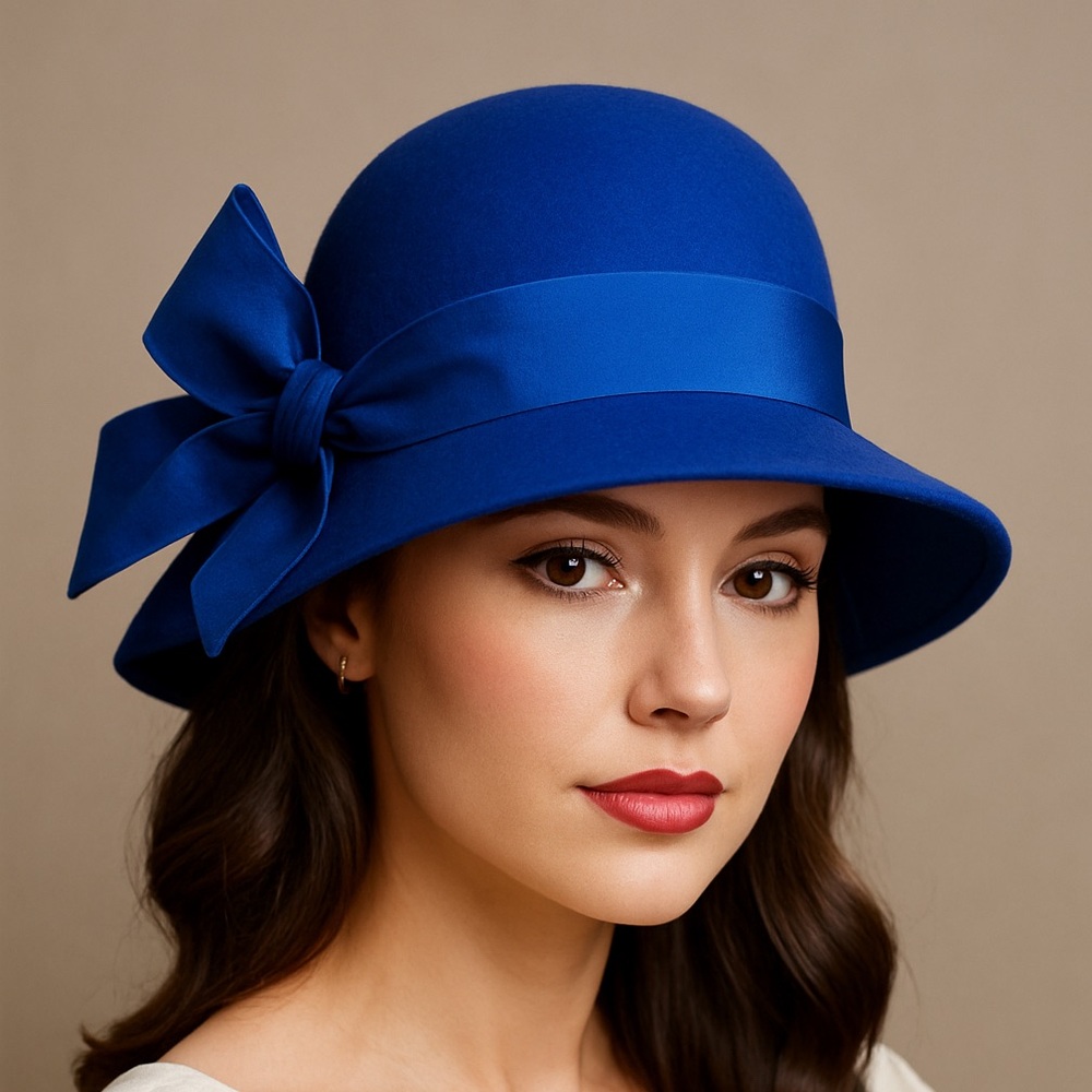 Betmar 100% Wool Cloche Hat Cobalt Blue w/ Grosgrain Bow Made in USA